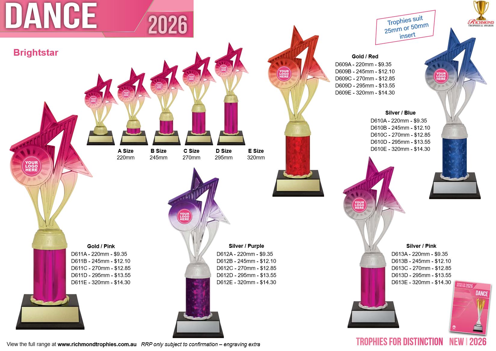 Dance 2026 flyer: Brightstar trophies in five sizes and four colour combinations